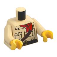 Torse, chemise, poches, boutons, ceinture brun foncé, sangle, motif imprimé mouchoir rouge, bras beiges, mains jaunes (Torso, Shirt, Pockets, Buttons, Dark Brown Belt, Strap, Red Handkerchief Print, Tan Arms, Yellow Hands)