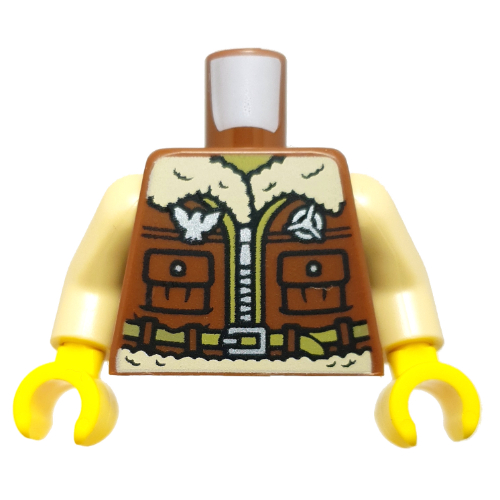 Torse, manteau, fourrure beige, fermeture éclair, poches, motif : ceinture vert citron, bras beiges, mains jaunes (Torso, Coat, Tan Fur, Zipper, Pockets, Lime Belt Print, Tan Arms, Yellow Hands)