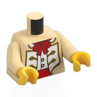Torse, manteau, panneaux blancs, noeud papillon rouge, ceinture, or garniture motif imprimé, bras beiges, mains jaunes (Torso, Coat, White Panels, Red Bow Tie, Sash, Gold Trim Print, Tan Arms, Yellow Hands)