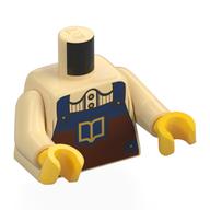 Torse, pull beige, tablier bleu foncé/orange rouge avec motif imprimé livre d'or, bras beiges, mains jaunes (Torso, Tan Sweater, Dark Blue/Reddish Orange Apron with Gold Book Print, Tan Arms, Yellow Hands)