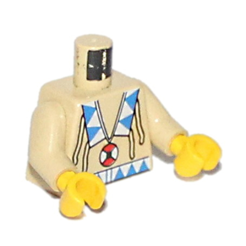 Visuel indicatif Rebrickable de Torse, tunique en peau de daim avec décorations indiennes américaines, triangles bleus et blancs et motif imprimé amulette rouge et blanc, bras beiges, mains jaunes (Torso, Buckskin Tunic with American Indian Decorations, Blue and White Triangles, and Red and White Amulet Print, Tan Arms, Yellow Hands)