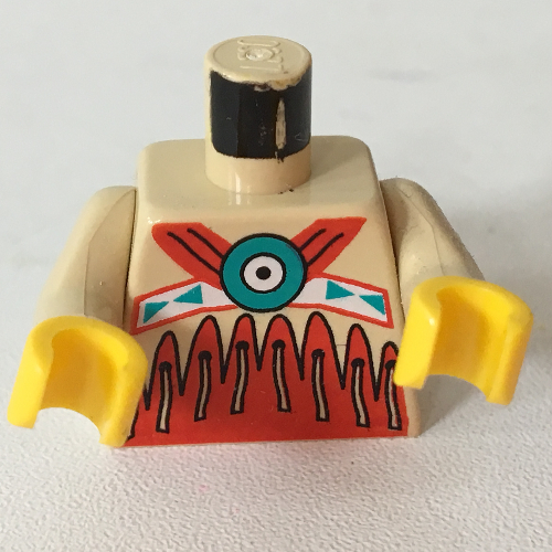 Visuel indicatif Rebrickable de Torse, tunique en peau de daim avec décorations indiennes américaines, motif imprimé rouge sur fond et franges, bras beiges, mains jaunes (Torso, Buckskin Tunic with American Indian Decorations, Red on Bottom and Fringe Print, Tan Arms, Yellow Hands)