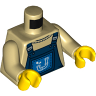 Torse, salopette bleu col rond avec motif imprimé drainpipe, bras beiges, mains jaunes (Torso, Overalls Blue over Crew Neck Shirt with Drainpipe Print, Tan Arms, Yellow Hands)