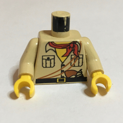 Torse, chemise, cou jaune, bandana rouge, modèle imprimé pistolet, bras beiges, mains jaunes (Torso, Shirt, Yellow Neck, Red Bandana, Gun Print, Tan Arms, Yellow Hands)