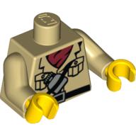 Visuel indicatif Rebrickable de Torse, chemise safari avec écharpe rouge, ceinture et bouteille d'eau motif imprimé, bras beiges, mains jaunes (Torso, Safari Shirt with Red Scarf, Belt and Water Bottle Print, Tan Arms, Yellow Hands)