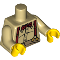 Visuel indicatif Rebrickable de Torse, chemise boutonnée sur le ventre en pot avec noeud papillon rouge foncé et bretelles motif imprimé, bras beiges, mains jaunes (Torso, Button Shirt over Pot Belly with Dark Red Bow Tie and Suspenders Print, Tan Arms, Yellow Hands)