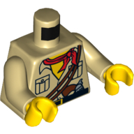 Visuel indicatif Rebrickable de Torse, chemise safari, cou jaune, bandana rouge, pistolet brun rougeâtre / corde sur le dos motif imprimé, bras beiges, mains jaunes (Torso, Safari Shirt, Yellow Neck, Red Bandana, Reddish Brown Gun / Rope on Back Print, Tan Arms, Yellow Hands)