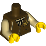 Visuel indicatif Rebrickable de Torse, gilet, insigne Sheriff Star, chaîne en or, motif : cravate noire, bras beiges, mains jaunes (Torso, Vest, Sheriff Star Badge, Gold Chain, Black Tie Print, Tan Arms, Yellow Hands)
