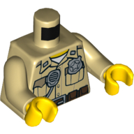 Visuel indicatif Rebrickable de Torse, chemise avec poches, radio argent et insigne de police, ceinture marron avec cantine et téléphone motif imprimé, bras beiges, mains jaunes (Torso, Shirt with Pockets, Silver Radio and Police Badge, Brown Belt with Canteen and Phone Print, Tan Arms, Yellow Hands)