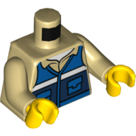 Torse, chemise, gilet bleu foncé avec poches et motif imprimé à rayures blanches, bras beiges, mains jaunes (Torso, Shirt, Dark Blue Vest with Pockets and White Stripe Print, Tan Arms, Yellow Hands)