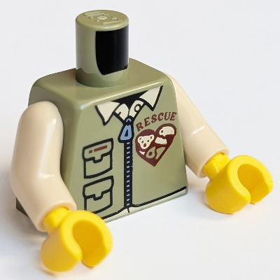 Visuel indicatif Rebrickable de Torse, chemise et gilet avec fermeture éclair, poches, cœur, motif : inscription 'Rescue', bras beiges, mains jaunes (Torso, Shirt and Vest with Zipper, Pockets, Heart, 'Rescue' Print, Tan Arms, Yellow Hands)