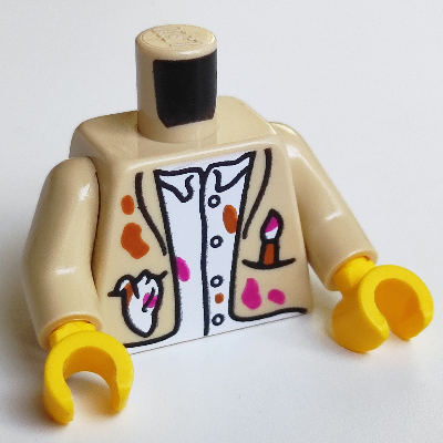 Visuel indicatif Rebrickable de Torse, veste, chemise blanche, taches de peinture magenta et orange foncé, motif imprimé au pinceau, bras beiges, mains jaunes (Torso, Jacket, White Shirt, Magenta and Dark Orange Paint Splotches, Brush Print, Tan Arms, Yellow Hands)