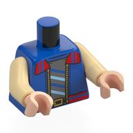 Torse, veste, fermeture éclair beige, bordure rouge, chemise bleu foncé gris/bleu/bleu vif motif imprimé, bras beiges, mains nougat clair (Torso, jacket, Tan Zipper, Red Trim, Dark Bluish Grey/Blue/Bright Blue Shirt Print, Tan Arms, Light Nougat Hands)