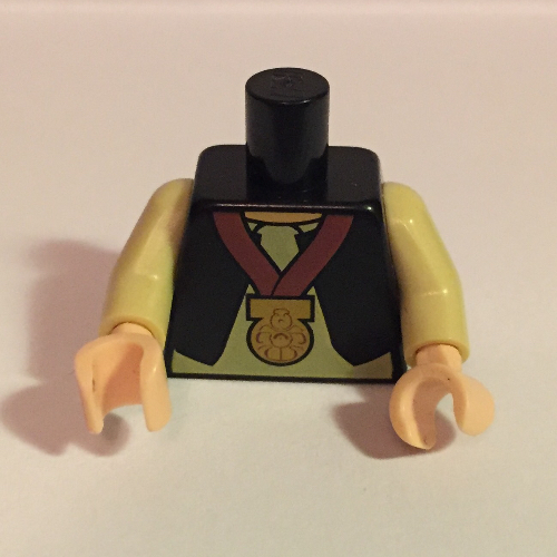 Visuel indicatif Rebrickable de Torse, gilet et chemise blanche avec peau de couleur nougat et motif imprimé médaille d'or, bras beiges, mains nougat clair (Torso, Vest and White Shirt with Nougat-Colored Skin and Gold Medal Print, Tan Arms, Light Nougat Hands)
