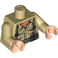Visuel indicatif Rebrickable de Torse, chemise, col ouvert, ceinture de munitions et bretelles motif imprimé, bras beiges, mains nougat clair (Torso, Shirt, Open Collar, Ammo Belt & Suspenders Print, Tan Arms, Light Nougat Hands)