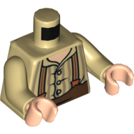 Visuel indicatif Rebrickable de Torse, chemise avec boutons, rayures beige foncé et marron et orange foncé bretelles motif imprimé, bras beiges, mains nougat clair (Torso, Shirt with Buttons, Dark Tan Stripes and Brown and Dark Orange Suspenders Print, Tan Arms, Light Nougat Hands)