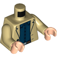 Visuel indicatif Rebrickable de Torse, Veste avec 2 boutons, motif : chemise bleu foncé et ceinture, bras beiges, mains nougat clair (Torso, Jacket with 2 Buttons, Dark Blue Shirt and Belt Print, Tan Arms, Light Nougat Hands)