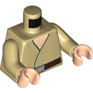 Visuel indicatif Rebrickable de Torse, robe, ouvert avec ceinture brune et poitrine Cheveux imprimés (Wuher), bras beiges, mains nougat clair (Torso, Robe, Open with Brown Belt and Chest Hair Print (Wuher), Tan Arms, Light Nougat Hands)