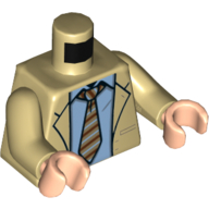 Visuel indicatif Rebrickable de Torse, veste, chemise bleu moyen, Motif imprimé cravate rayée, bras beiges, mains nougat clair (Torso, Jacket, Medium Blue Shirt, Striped Tie Print, Tan Arms, Light Nougat Hands)