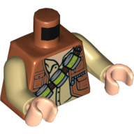 Visuel indicatif Rebrickable de Torse, veste, ouvert sur chemise beige, bandoulière avec des bidons motif imprimé, bras beiges, mains nougat clair (Torso, Vest Jacket, Open over Tan Shirt, Shoulder Strap with Canisters Print, Tan Arms, Light Nougat Hands)