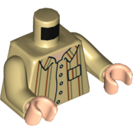 Visuel indicatif Rebrickable de Torse, chemise, orange foncé et vert olive lignes motif imprimé, bras beiges, mains nougat clair (Torso, Shirt, Dark Orange and Olive Green Lines Print, Tan Arms, Light Nougat Hands)
