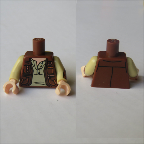 Visuel indicatif Rebrickable de Torse, veste gilet, chemise ouverte sur feu, poches imprimées motif (owen grady), bras beige avec manchette brun rougeâtre motif imprimé sur la gauche, mains nougat clair (Torso, Vest Jacket, Open over Tan Shirt, Pockets Print (Owen Grady), Tan Arms with Reddish Brown Cuff Print on Left, Light Nougat Hands)