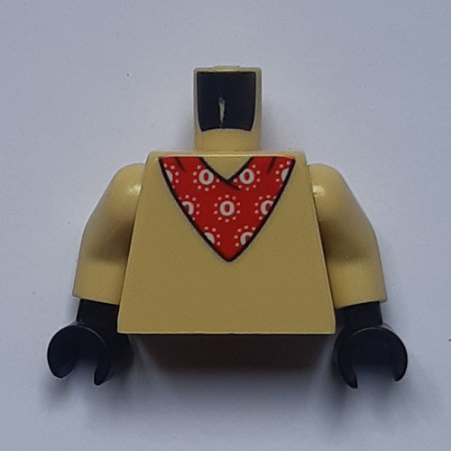 Visuel indicatif Rebrickable de Foulard rouge torse avec motif blanc / noeud foulard et motif imprimé queue bouclée, bras beiges, mains noires (Torso Red Neckerchief with White Design / Neckerchief Knot and Curly Tail Print, Tan Arms, Black Hands)