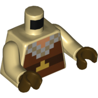 Visuel indicatif Rebrickable de Tunique pixélisée torse, brun rougeâtre, brun foncé, carrés gris bleuté clair imprimé, bras beiges, mains brun foncé (Torso Pixelated Tunic, Reddish Brown, Dark Brown, Light Bluish Gray Squares Print, Tan Arms, Dark Brown Hands)