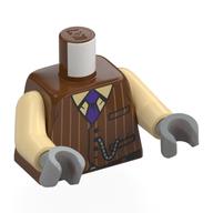 Torse, veste avec rayures beige, chaîne argentée, chemise beige, motif imprimé cravate violet foncé, bras beiges, mains gris bleuté clair (Torso, Jacket with Tan Stripes, Silver Chain, Tan Shirt, Dark Purple Tie Print, Tan Arms, Light Bluish Gray Hands)