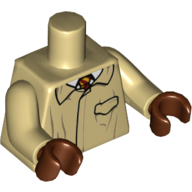 Visuel indicatif Rebrickable de Veste torse avec poche, chemise blanche, motif : cravate rouge foncé et jaune, bras beiges, mains brun rougeâtre (Torso Jacket with Pocket, White Shirt, Dark Red and Yellow Tie Print, Tan Arms, Reddish Brown Hands)