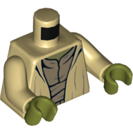 Robe torse, T-chemise noir foncé, col vert olive, motif imprimé plis épais (Yoda), bras beiges, mains vert olive (Torso Robe, Dark Tan Undershirt, Olive Green Neck, Thick Creases Print (Yoda), Tan Arms, Olive Green Hands)