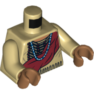 Torse buckskin tunique avec des cheveux indiens américains pipe perle plaque de poitrine, enveloppe rouge foncé et bleu collier motif imprimé, bras beiges, mains nougat moyen (Torso Buckskin Tunic with American Indian Hair Pipe Bead Chest Plate, Dark Red Wrap and Blue Necklace Print, Tan Arms, Medium Nougat Hands)
