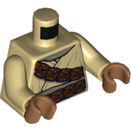 Visuel indicatif Rebrickable de Torse robe, Ceinture et bandoulière marron rougeâtre avec pochettes motif imprimé, bras beiges, mains nougat moyen (Torso Robe, Reddish Brown Belt and Shoulder Strap with Pouches Print, Tan Arms, Medium Nougat Hands)