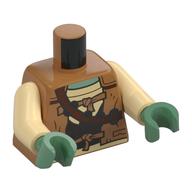 Torse, veste, chemise beige, sangles, ceinture de munitions brun rougeâtre avec grenades argentées, motif imprimé armure, bras beiges, mains vert sable (Torso, Jacket, Tan Shirt, Straps, Reddish Brown Ammo Belt with Silver Grenades, Armor Print, Tan Arms, Sand Green Hands)