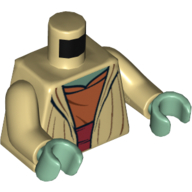Robe torse, ouverte, chemise orange foncé avec motif imprimé ceinture (Yoda), bras beiges, mains vert sable (Torso Robe, Open, Dark Orange Shirt with Sash Print (Yoda), Tan Arms, Sand Green Hands)