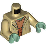 Robe torse, ouvert, chemise nougat moyen avec ceinture orange foncé / capuche à l'arrière motif imprimé (Yoda), bras beiges, mains vert sable (Torso Robe, Open, Medium Nougat Shirt with Dark Orange Waist Sash / Hood on Back Print (Yoda), Tan Arms, Sand Green Hands)