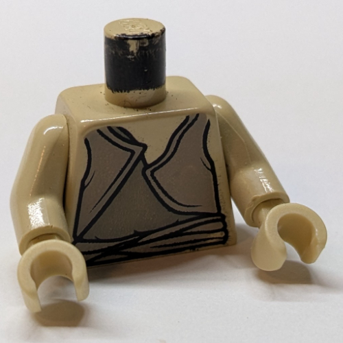 Visuel indicatif Rebrickable de Gilet torse, gris foncé avec ceinture sur maillot de corps beige foncé imprimé (gungan), bras beiges, mains beiges (Torso Vest, Dark Gray with Belt over Dark Tan Undershirt Print (Gungan), Tan Arms, Tan Hands)