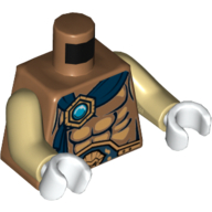 Visuel indicatif Rebrickable de Torse nu poitrine, ceinture, enveloppe bleu foncé avec motif imprimé chi or et bleu, bras beiges, mains blanches (Torso Bare Chest, Belt, Dark Blue Wrap with Gold and Blue Chi Jewel Print, Tan Arms, White Hands)