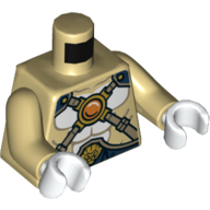 Visuel indicatif Rebrickable de Torse nu poitrine avec des lignes de corps, bracelets croisés or et bleu bijou rond (chi) motif imprimé, bras beiges, mains blanches (Torso Bare Chest with Body Lines, Gold Crossing Straps and Blue Round Jewel (Chi) Print, Tan Arms, White Hands)