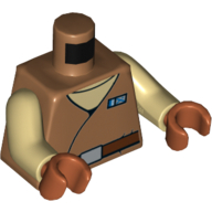 Robe de torse avec badge nom bleu sur le maillot de corps beige, ceinture brun rougeâtre avec boucle motif imprimé, bras beiges, mains orange foncé (Torso Robe with Blue Name Badge over Tan Undershirt, Reddish Brown Belt with Buckle Print, Tan Arms, Dark Orange Hands)