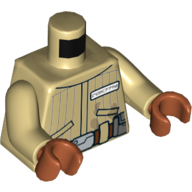 Visuel indicatif Rebrickable de Veste de torse avec des rayures verticales, ceinture brun rougeâtre, insigne avec des lettres exotiques motif imprimé (quarrie), bras beiges, mains orange foncé (Torso Jacket with Vertical Stripes, Reddish Brown Belt, Badge with Alien Letters Print (Quarrie), Tan Arms, Dark Orange Hands)