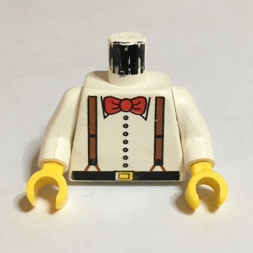 Visuel indicatif Rebrickable de Torse, Chemise avec bretelles et motif imprimé noeud papillon rouge, bras blancs, mains jaunes (Torso, Shirt with Suspenders and Red Bow Tie Print, White Arms, Yellow Hands)