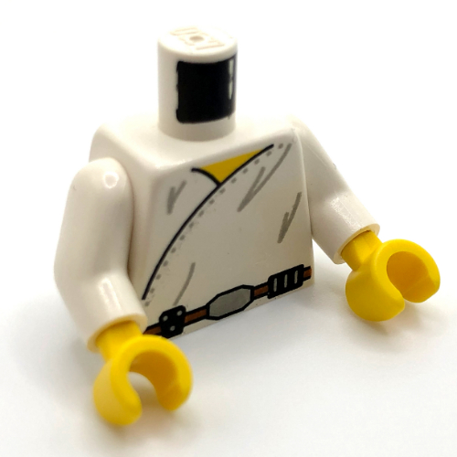 Visuel indicatif Rebrickable de Torse, tunique enveloppante et ceinture utilitaire motif imprimé, bras blancs, mains jaunes (Torso, Wrap-Around Tunic and Utility Belt Print, White Arms, Yellow Hands)