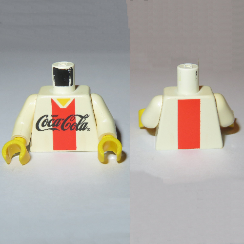 Torse, chemise à col en V avec logo coca-cola et motif imprimé à rayures rouges, bras blancs, mains jaunes (Torso, V-Neck Shirt with Coca-Cola Logo and Red Stripe Print, White Arms, Yellow Hands)