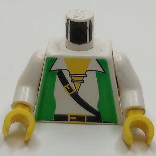 Torse, gilet vert, chemise ouverte et motif imprimé ceinture de croix noire, bras blancs, mains jaunes (Torso, Green Vest, Open Shirt, and Black Crossbelt Print, White Arms, Yellow Hands)