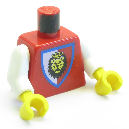 Torse, tête de lion chevaliers royaux sur motif imprimé bouclier rouge / blanc, bras blancs, mains jaunes (Torso, Royal Knights Lion Head on Red/White Shield Print, White Arms, Yellow Hands)