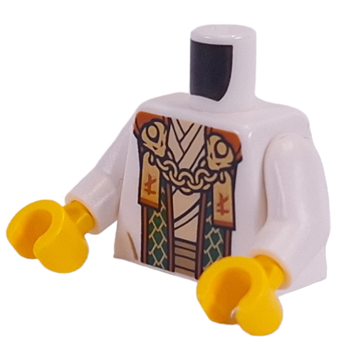 Torse, robe, vert foncé / ceinture d'or, garniture orange foncé, chaîne d'or, symboles asiatiques motif imprimé, bras blancs, mains jaunes (Torso, Robe, Dark Green/Gold Sash, Dark Orange Trim, Gold Chain, Asian Symbols Print, White Arms, Yellow Hands)