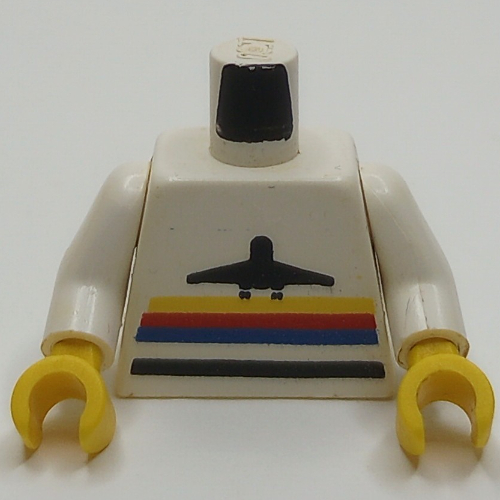 Torse, Logo avion avec motif imprimé rayures, bras blancs, mains jaunes (Torso, Airplane Logo with Stripes Print, White Arms, Yellow Hands)
