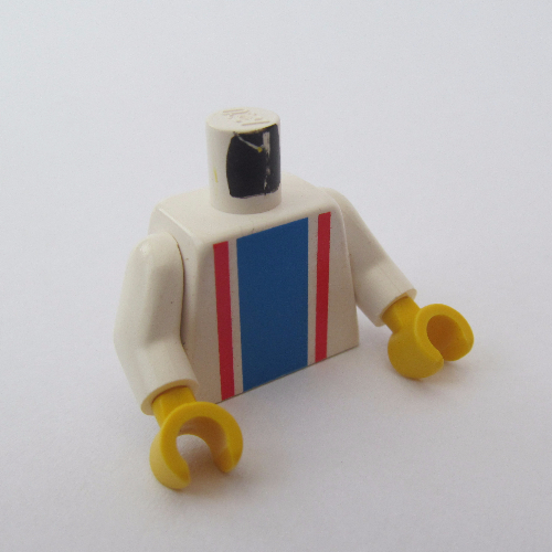 Visuel indicatif Rebrickable de Torse, motif imprimé à rayures verticales bleu et rouge, bras blancs, mains jaunes (Torso, Vertical Striped Blue and Red Print, White Arms, Yellow Hands)