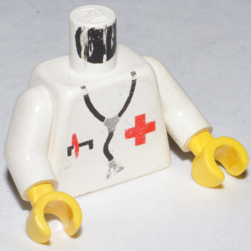 Torse, Croix-Rouge, Poche avec stylo et motif imprimé stéthoscope, bras blancs, mains jaunes (Torso, Red Cross, Pocket with Pen, and Stethoscope Print, White Arms, Yellow Hands)